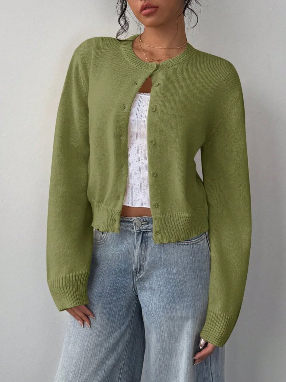 Army Green Casual Women's Long Sleeve button down knit Cardigan Sweater